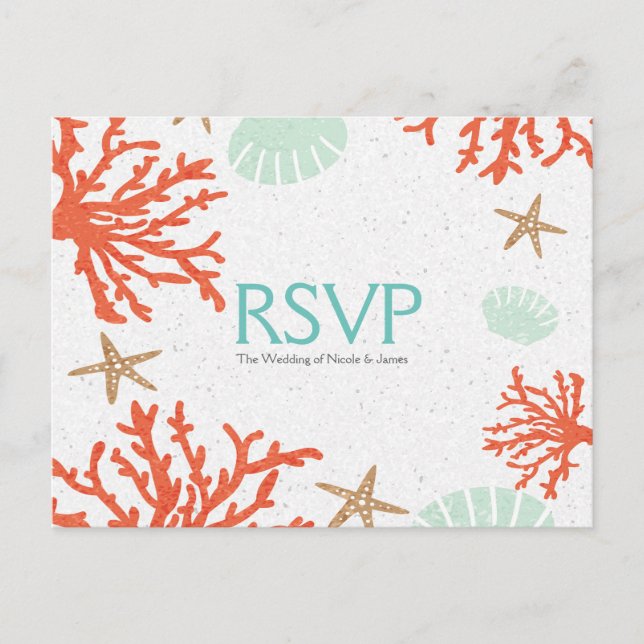 Beach Coral Reef Sea Shell & Starfish RSVP Card (Front)