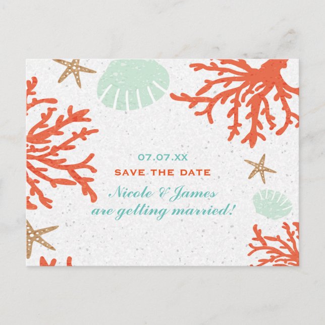 Beach Coral Reef Sea Shell Starfish Save The Date Announcement Postcard (Front)