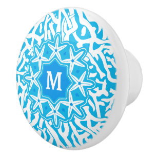 Beach Coral Reef Starfish Bright Blue   Monogram Ceramic Knob