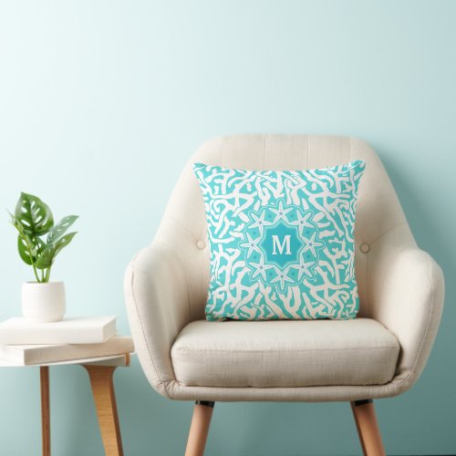 Beach Coral Reef Starfish Monogram  Aqua Blue Throw Pillow