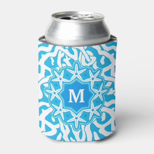 Beach Coral Reef Starfish Monogram  Bright Blue Can Cooler