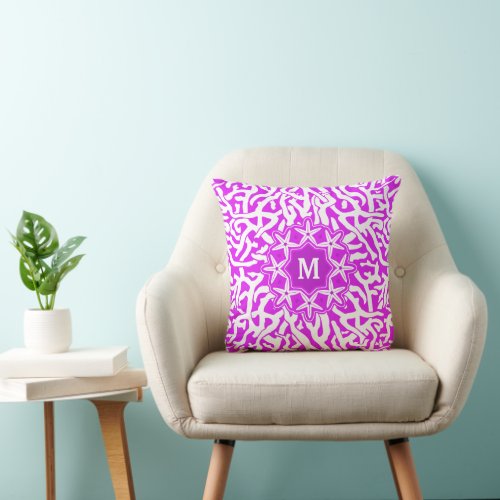 Beach Coral Reef Starfish Monogram _ Bright Purple Throw Pillow