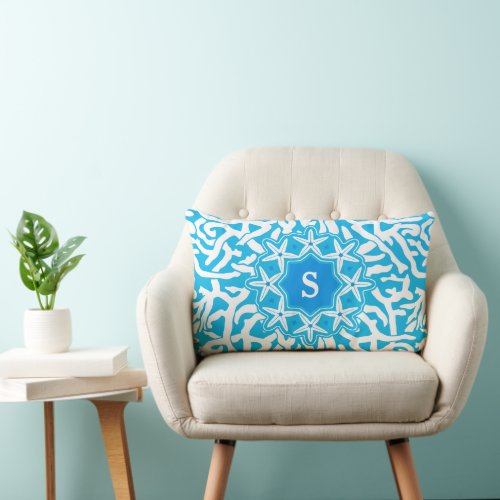 Beach Coral Reef Starfish Monogram in Bright Blue Lumbar Pillow