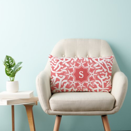 Beach Coral Reef Starfish Monogram in Coral Pink Lumbar Pillow