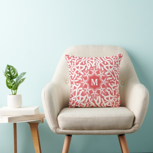 Beach Coral Reef Starfish Monogram in Coral Pink Throw Pillow