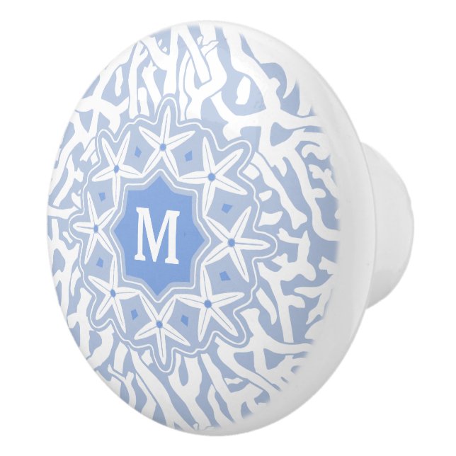Beach Coral Reef Starfish Monogram in Gray Blue Ceramic Knob (Right)