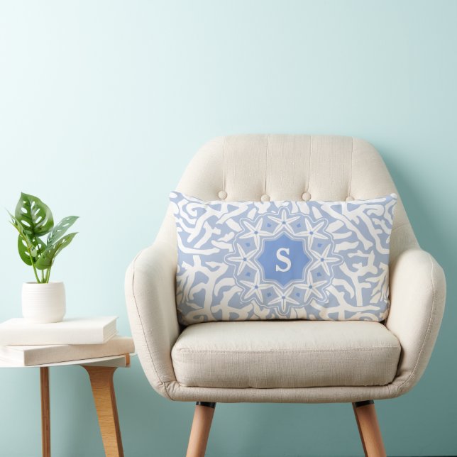 Beach Coral Reef Starfish Monogram in Gray Blue Lumbar Pillow (Chair)