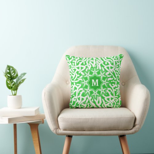 Beach Coral Reef Starfish Monogram in Lime Green Throw Pillow