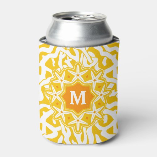 Beach Coral Reef Starfish Monogram  Sunny Yellow Can Cooler