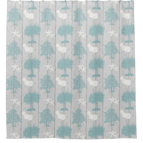 Beach Cottage Coral Shell Starfish Rustic Wood Shower Curtain