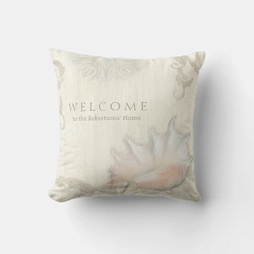 Beach Cottage Guest Conch Shell Wood Personalized Throw Pillow