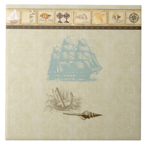 Beach Cottage Nautical Map Vintage Rosette Ship Ceramic Tile