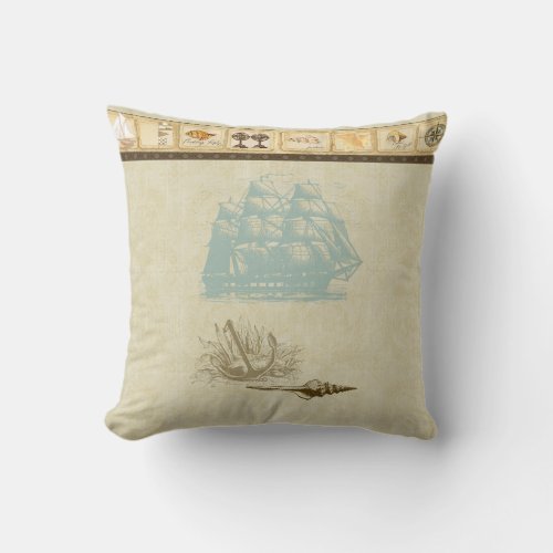 Beach Cottage Nautical Map Vintage Rosette Ship Throw Pillow