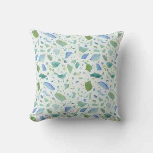 Beach Cottage Sea Glass Terrazzo Painted Pattern Throw Pillow