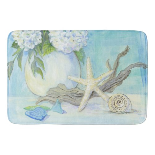 Beach Cottage Seashell Starfish w Sea Glass Floral Bath Mat