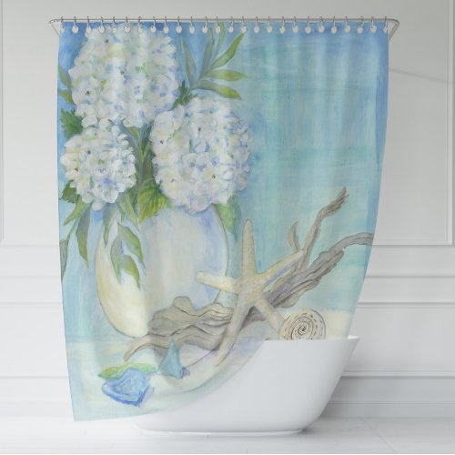 Beach Cottage Seashell Starfish w Sea Glass Floral Shower Curtain