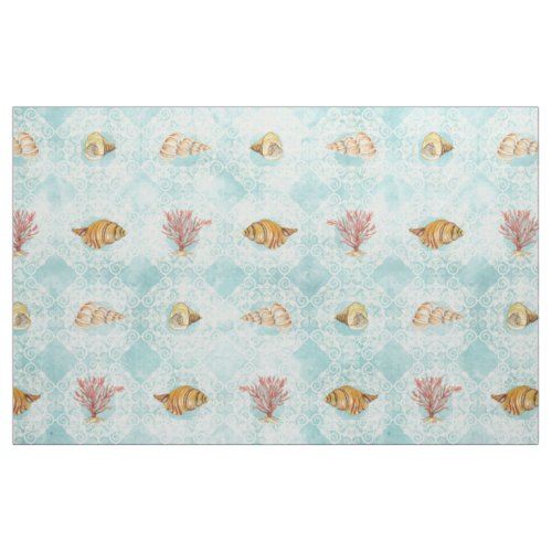 Beach Cottage Watercolor Seashell Coral Pattern Fabric