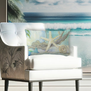 Beach Cottage White Aqua Blue Seashell n Sea Glass Lumbar Pillow