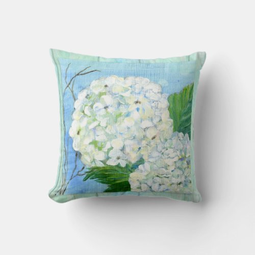 Beach Cottage White Hydrangea Floral Painterly Throw Pillow