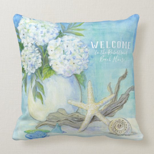Beach Cottage White Hydrangea Seashell N Sea Glass Throw Pillow