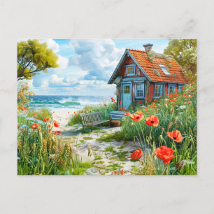 Beach Cottage with Dunes and Poppies Postcard