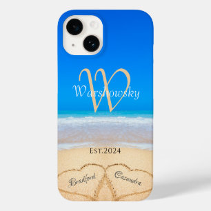 Beach Couple Hearts in Sand Family Monogram Case