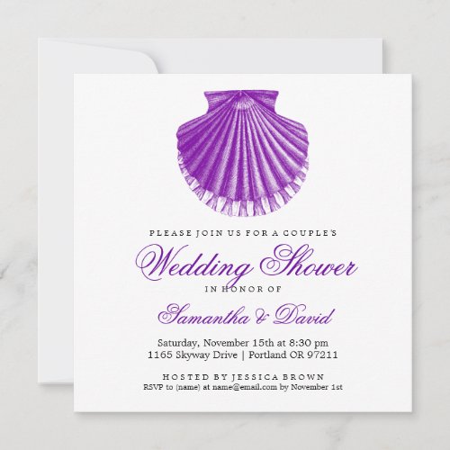 Beach Couples Wedding Shower Scallop Shell Purple Invitation