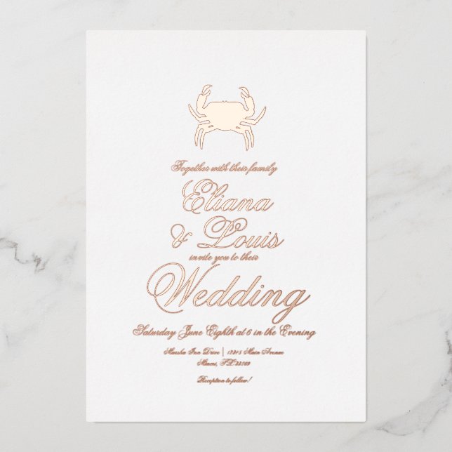 Beach Crab Wedding Pressed  Foil Invitation (Front)