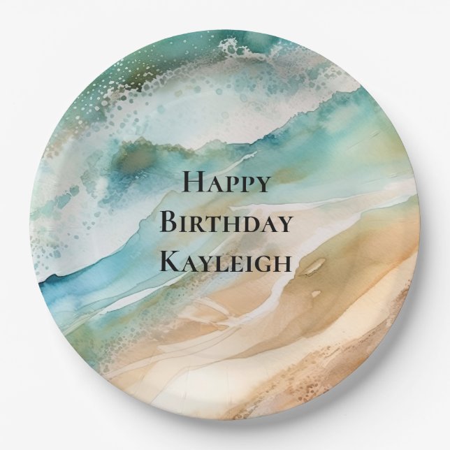 Beach Cream Aqua Ocean Birthday Paper Plates (Front)