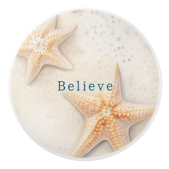 Beach Cream Peach Ocean Starfish Believe Ceramic Knob (Front)