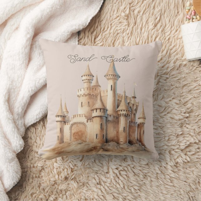Beach Cream Sand Castle Throw Pillow (Blanket)