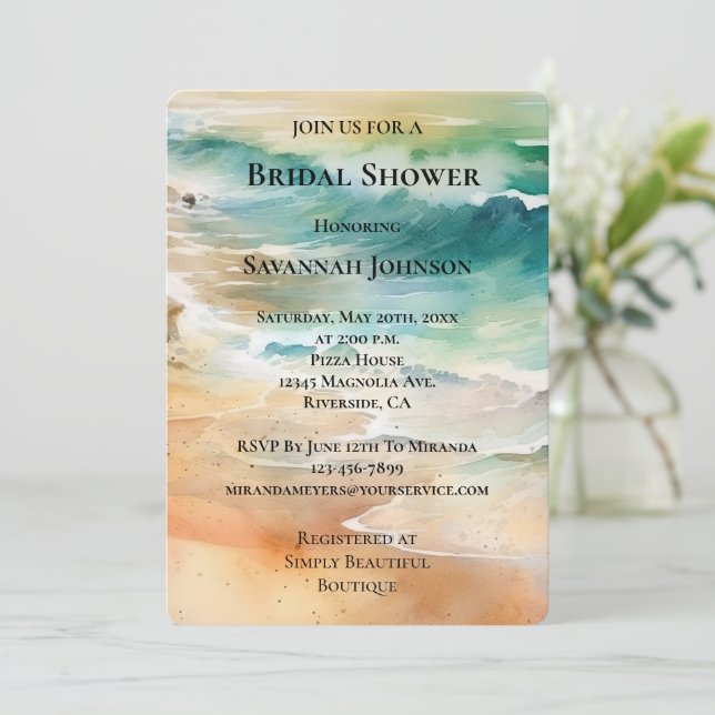 Beach Cream Turquoise Aqua Ocean Bridal Shower Invitation (Standing Front)
