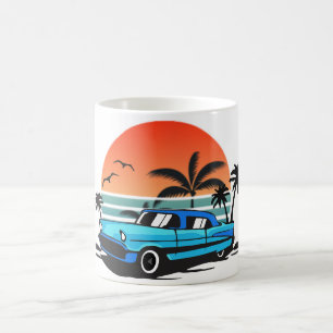 Beach cruising at sunset in a blue vintage car coffee mug