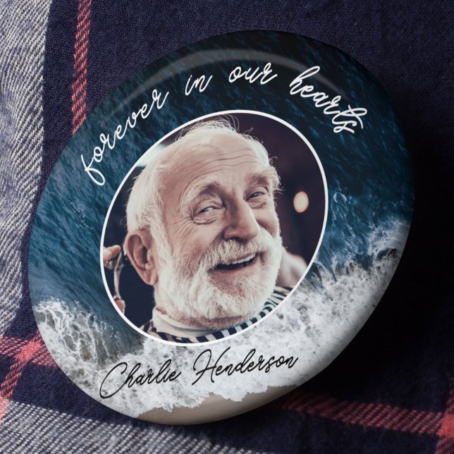 Beach Custom Text Funeral/Memorial Photo Tribute Button (Creator Uploaded)