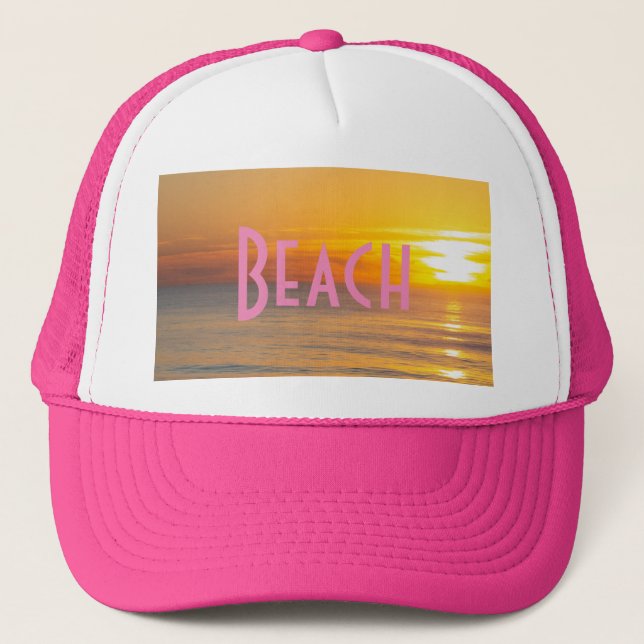 Beach Custom Text Sun rise image Hot Pink Color Trucker Hat (Front)