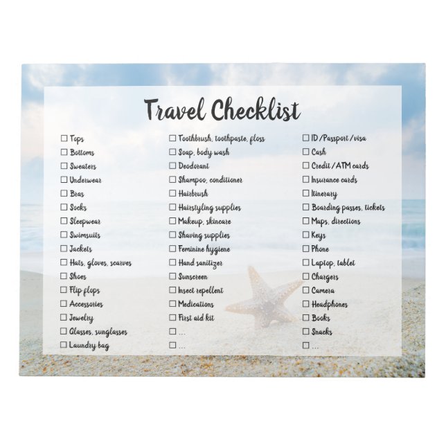 Beach Customizable Travel Packing List Checklist N Notepad (Front)