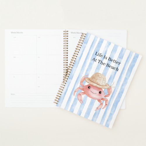 Beach Cute Pink Smiling Crab with Hat Planner