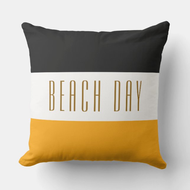 BEACH DAY Black White Yellow Orange Stripes Outdoor Pillow (Front)