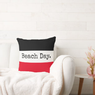 BEACH DAY Bright Red White Black Nautical Stripes Throw Pillow