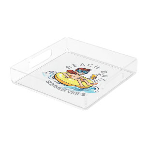 Beach Day Cartoon Character on Inflatable Ring Acrylic Tray