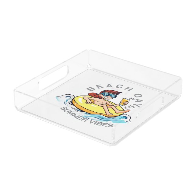 Beach Day Cartoon Character on Inflatable Ring Acrylic Tray (Angled)