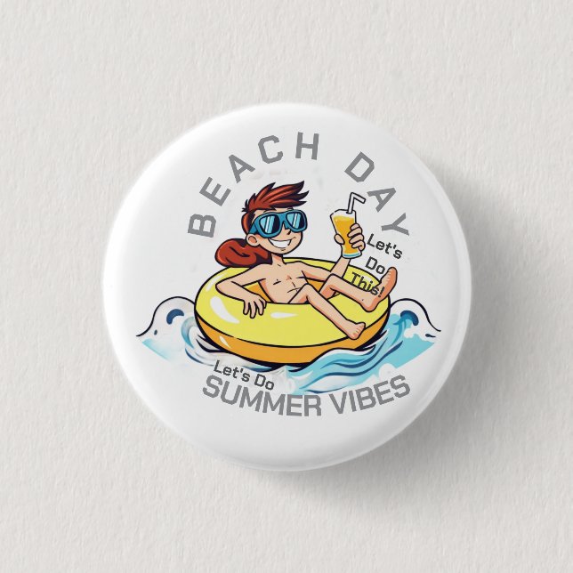 Beach Day Cartoon Character on Inflatable Ring Button (Front)