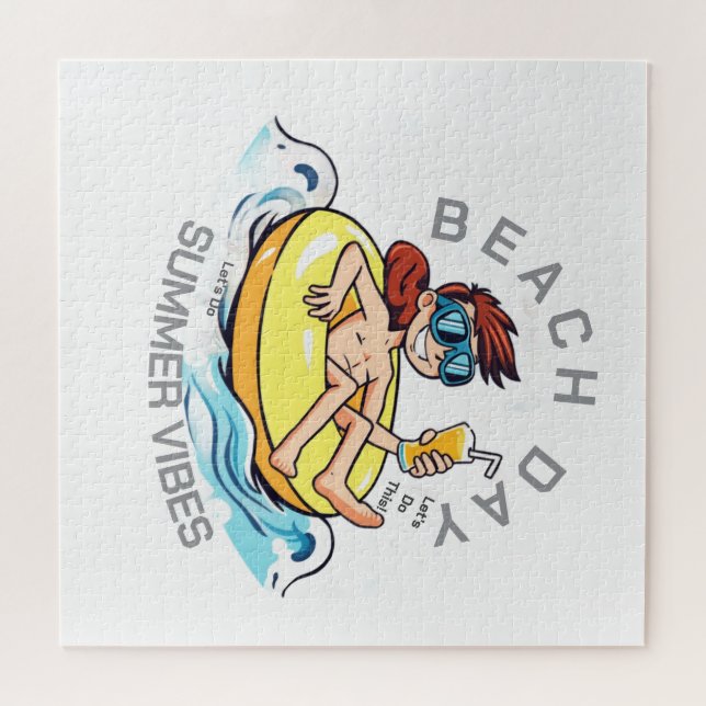 Beach Day Cartoon Character on Inflatable Ring Jigsaw Puzzle (Horizontal)