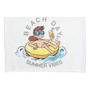 Beach Day Cartoon Character on Inflatable Ring Pillow Case