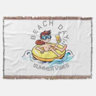 Beach Day Cartoon Character on Inflatable Ring Throw Blanket
