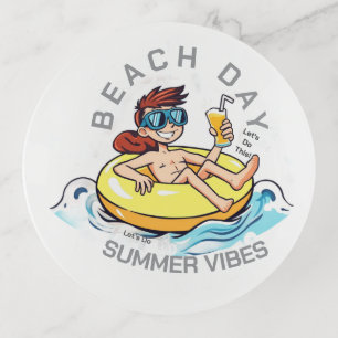 Beach Day Cartoon Character on Inflatable Ring Trinket Tray