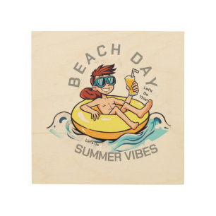 Beach Day Cartoon Character on Inflatable Ring Wood Wall Art