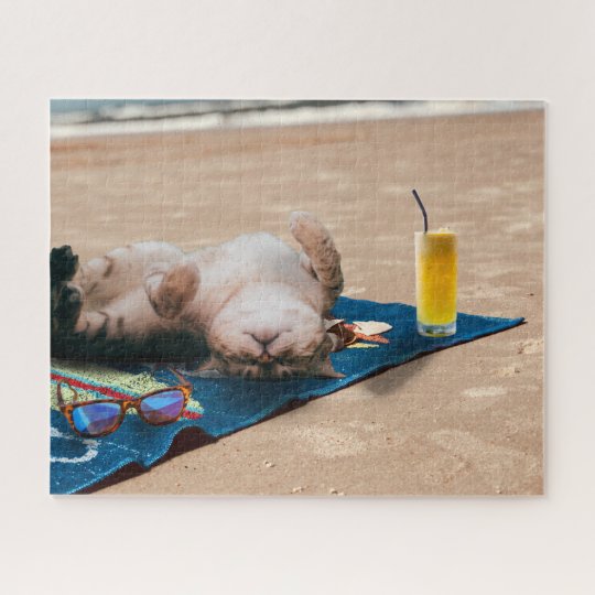 Beach Day Cat Sunbathing Cute Funny Silly Animal Jigsaw Puzzle | Zazzle.com