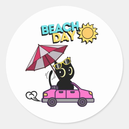 Beach Day _ Cute black cat driving a car Classic Round Sticker