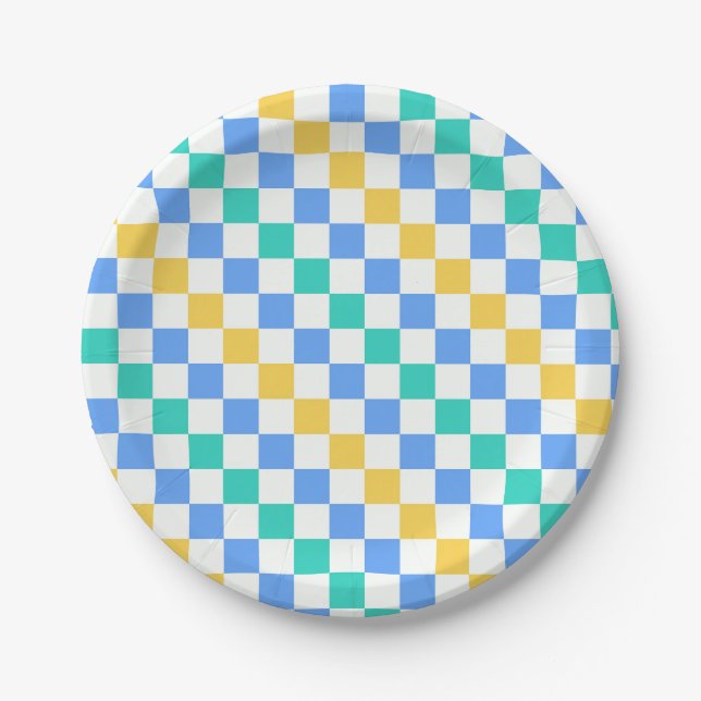 Beach day diagonal checkerboard pattern paper plates (Front)